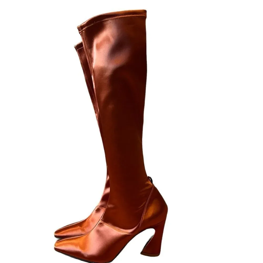 ZIMMERMANN Silk Copper Satin Stretch Sock Knee Boots - Chain-trim not included